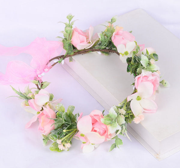 Spring flower wreath, fresh simulation flower headdress, green plants, flowers, crown, bride's vacation, wedding headdress, flow
