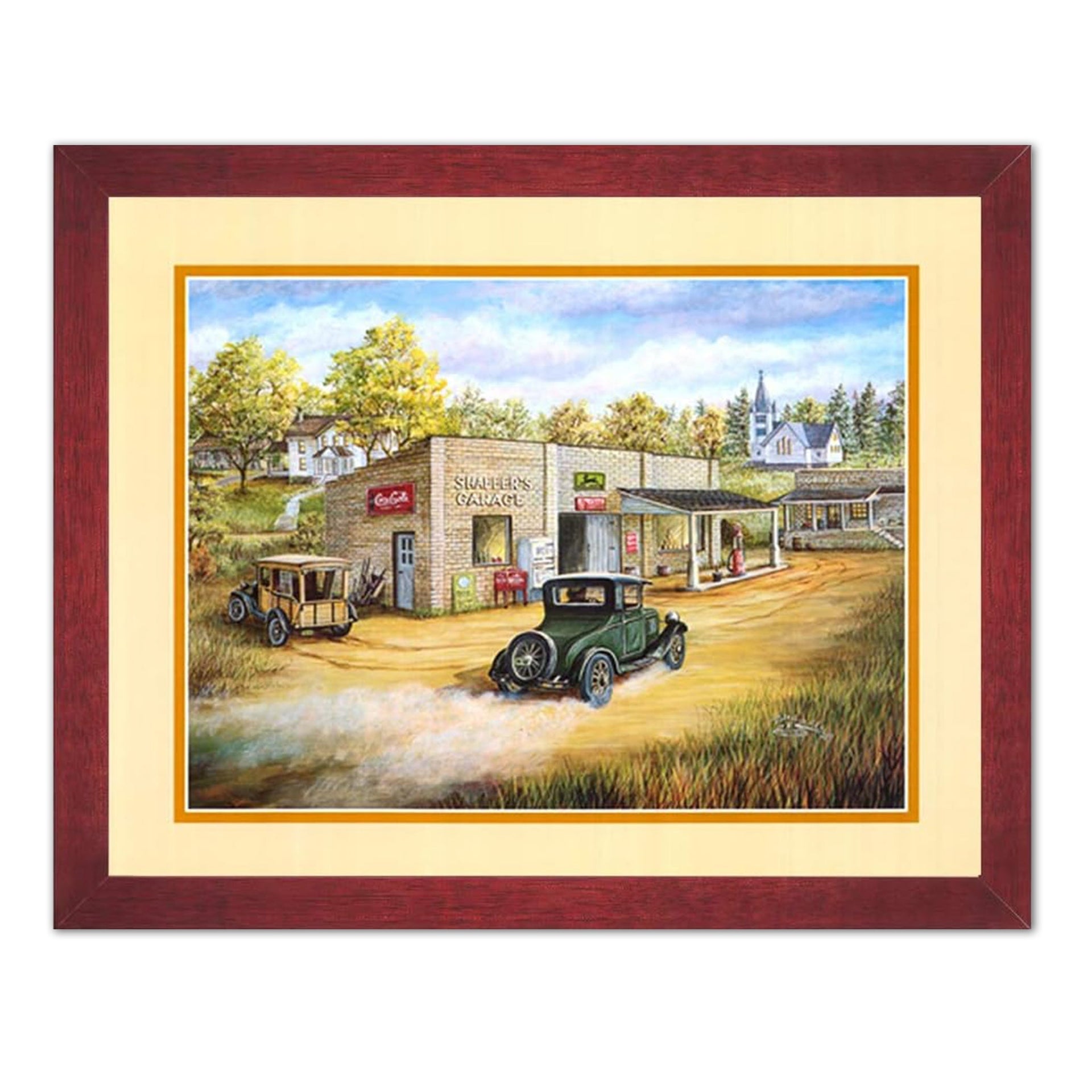 Framed Art Print - Vintage Gas Station & Car Picture in Cherry Wood Frame
