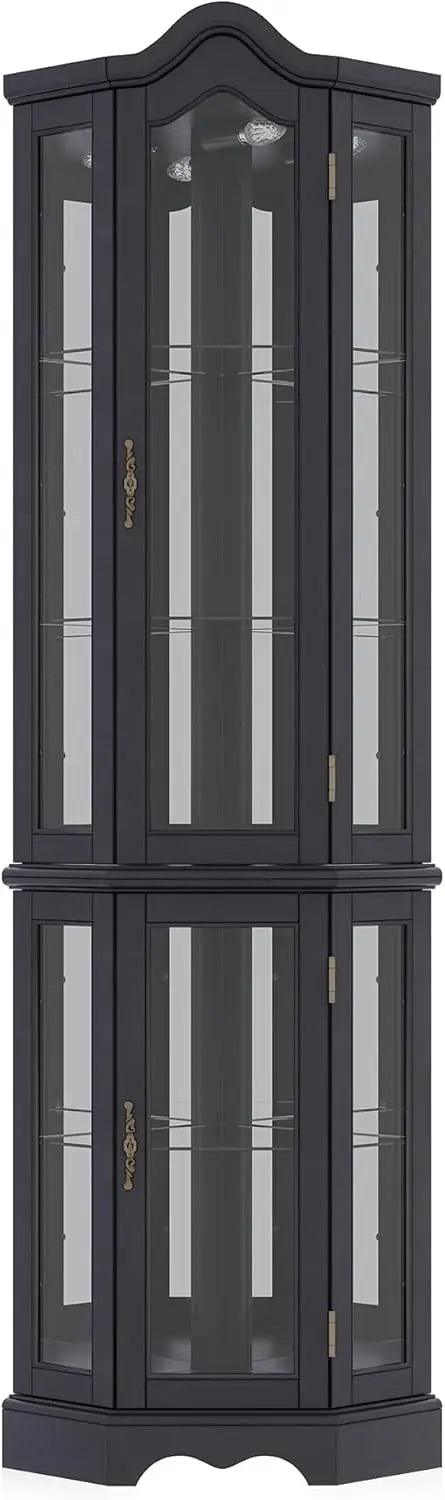 Lighted 3-Side Glass Display Curio Cabinet w/Tempered Glass Doors and Shelves, Curved Wood Corner Cabinet with Bulb, Corner S