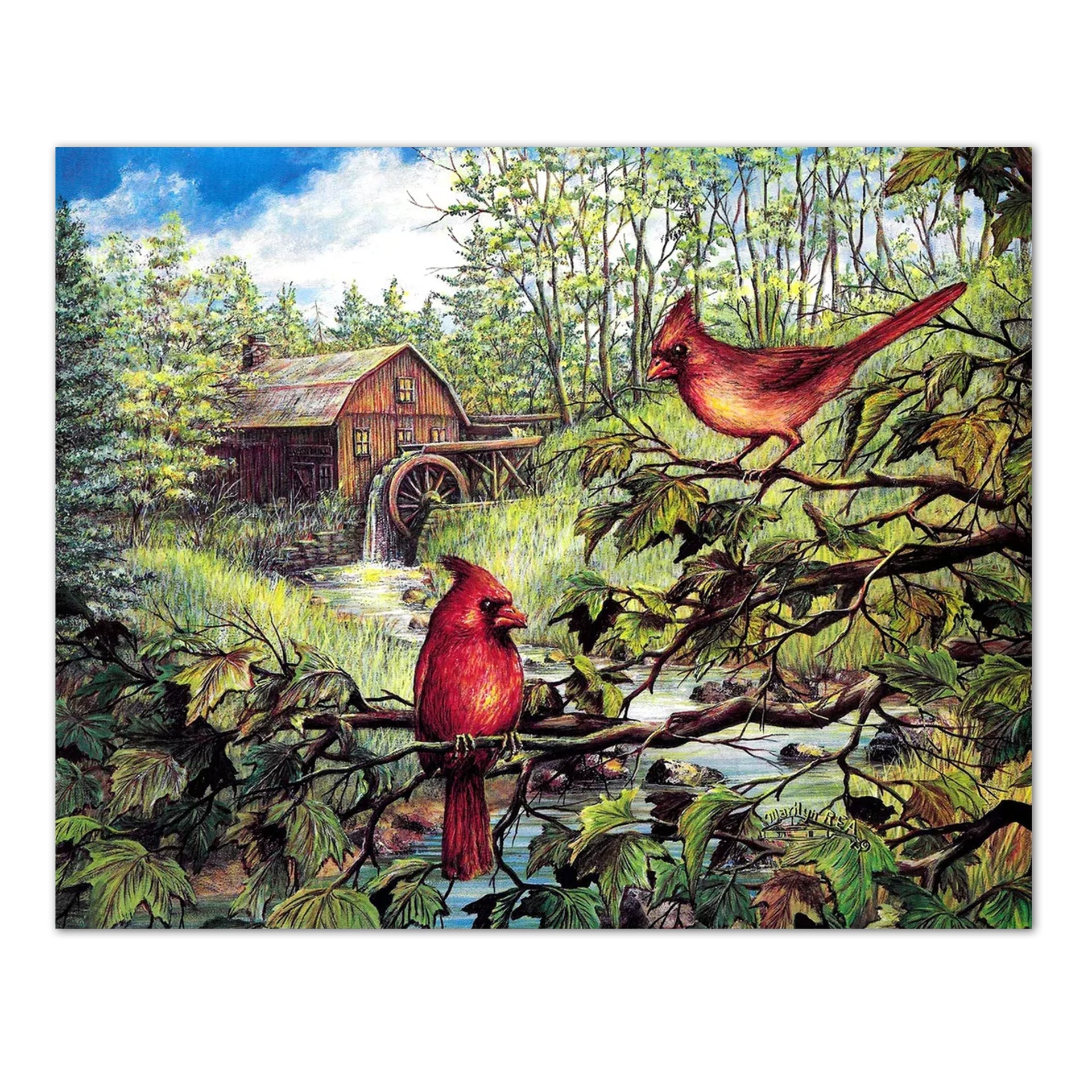 Old Mill Wheel Art - 8x10 Cardinal Tree Wall Picture, Vivid Lithograph Print
