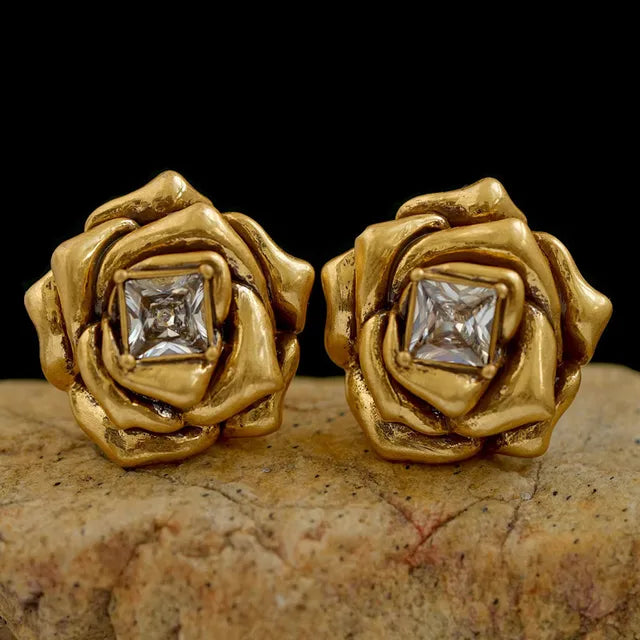 Brass Gold Color Metal Rose Flower Stud Earrings Geometry Zircon Shiny for Women Girls Jewelry Gifts Europe and America