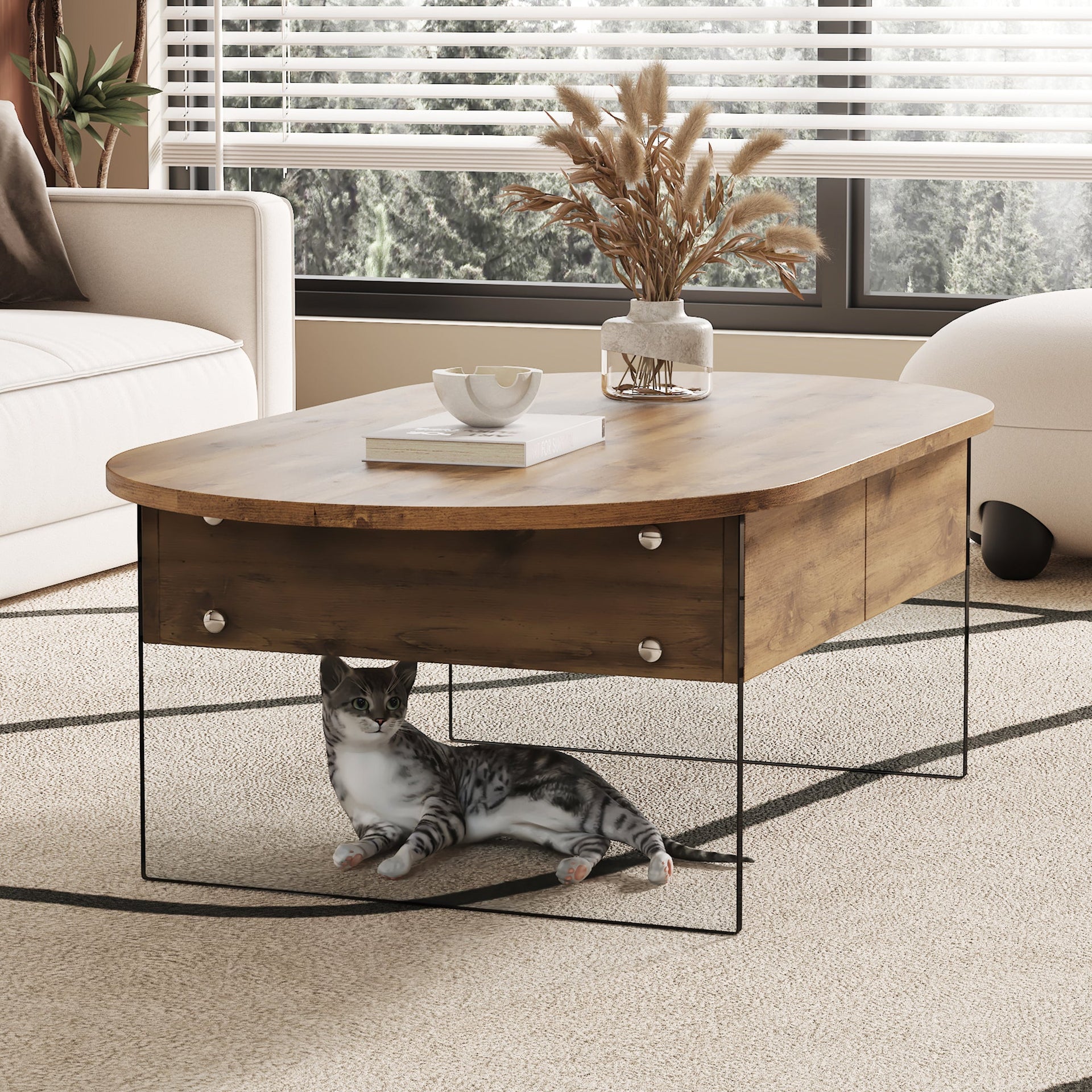 Elegant Coffee Table with Double Drawers and Transparent Glass Sides in MDF and Glass