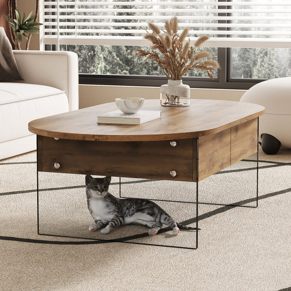 Elegant Coffee Table with Double Drawers and Transparent Glass Sides in MDF and Glass