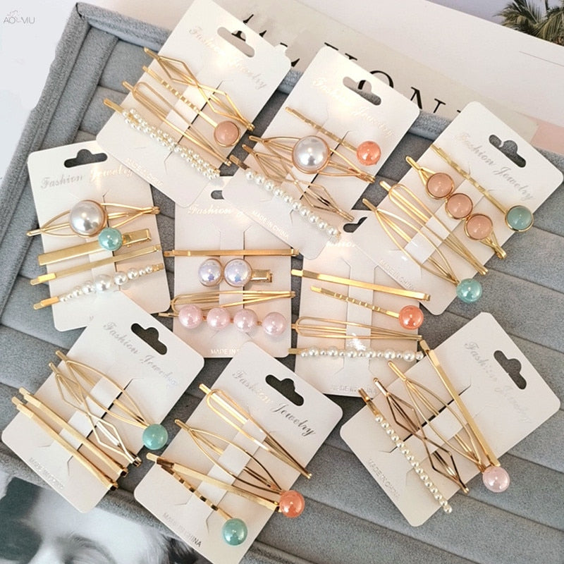 4PCS Korea Fashion Metal Hairpins Imitiation Pearl Colorful Beads Hair Clips for Women Irregular Geometric Hair Accessories