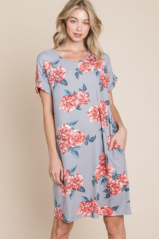 Floral Round Neck Short Tee Dress with Pockets For Women – Comfortable, Casual & Functional for Everyday Wear