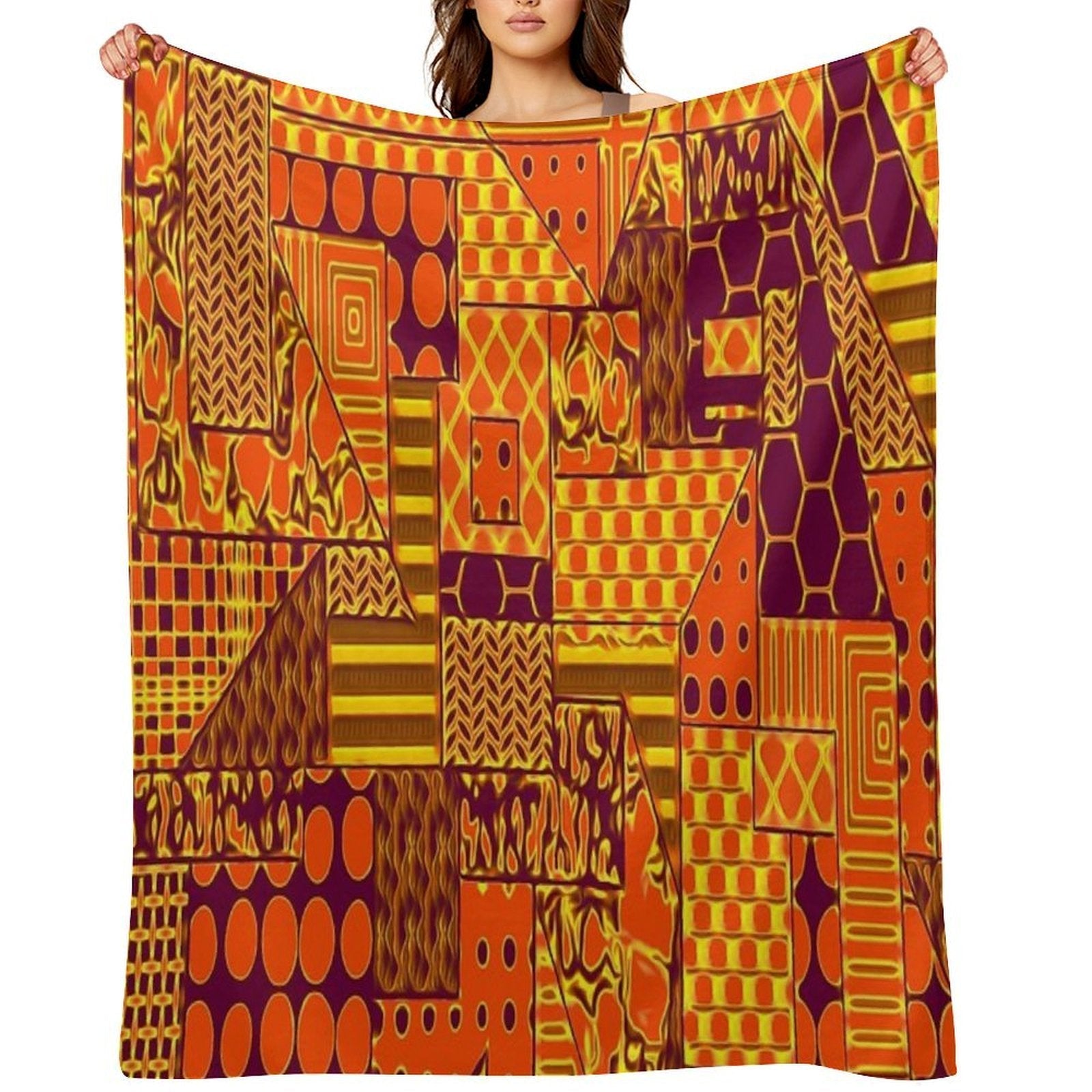 PURPLE AND ORANGE PATCHWORK DIGITAL QUILT STYLE WITH VARIOUS PATTERNS WITHIN THE DESIGN Machine-washable Throw Blanket