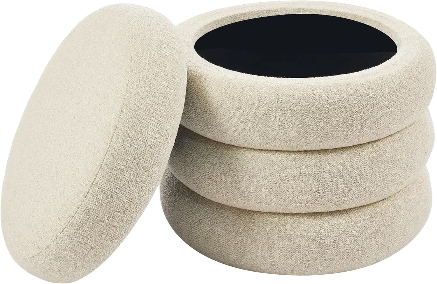 Beige Linen Upholstered Round Storage Ottoman Removable Lid