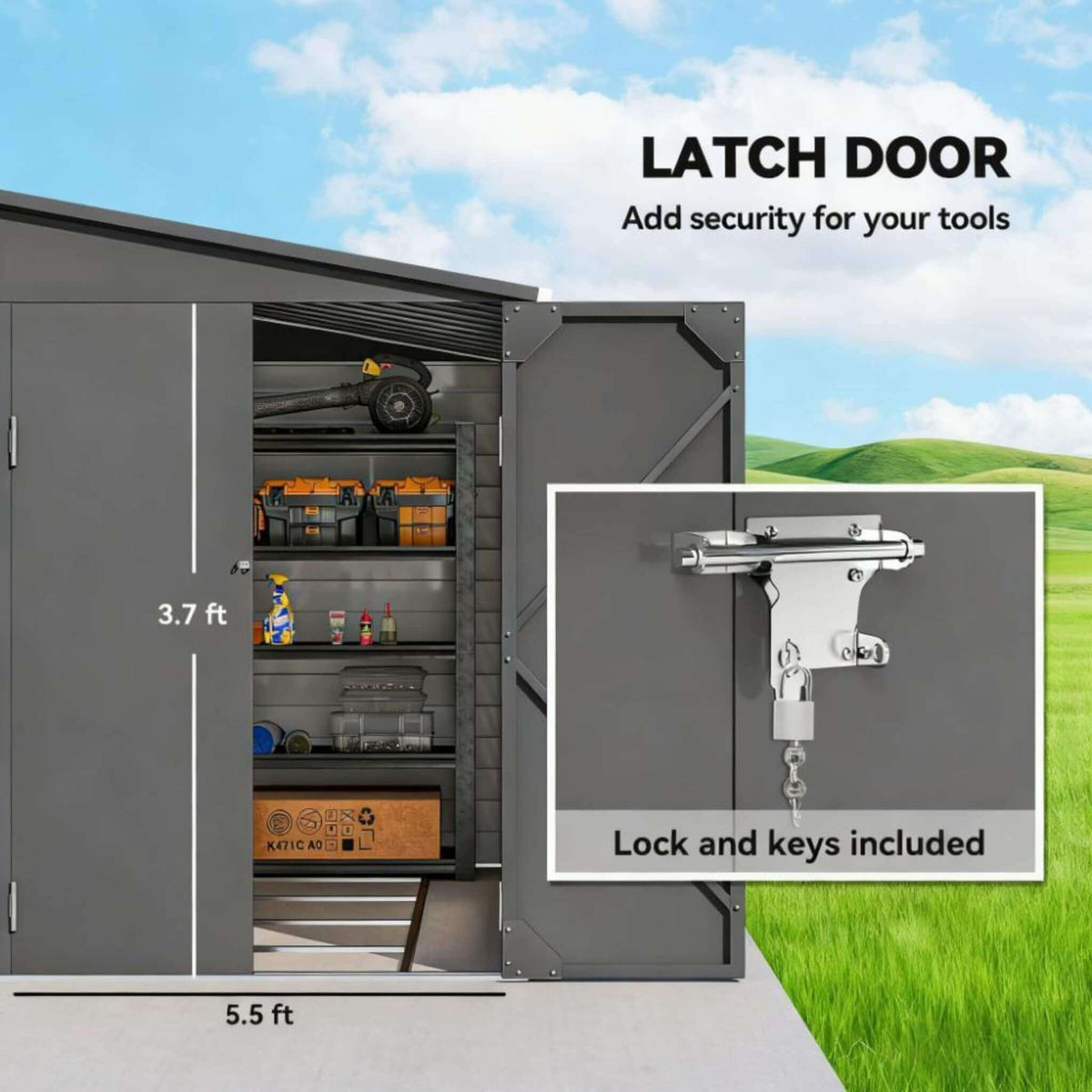 [05X09FT] Heavy-Duty Outdoor Galvanized Steel Storage Shed With Lockable Doors (SAK80637)