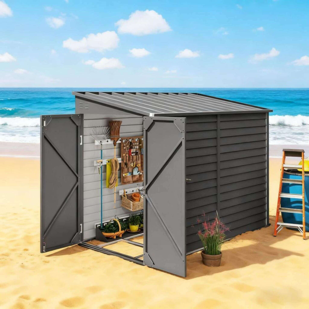 [05X09FT] Heavy-Duty Outdoor Galvanized Steel Storage Shed With Lockable Doors (SAK80637)
