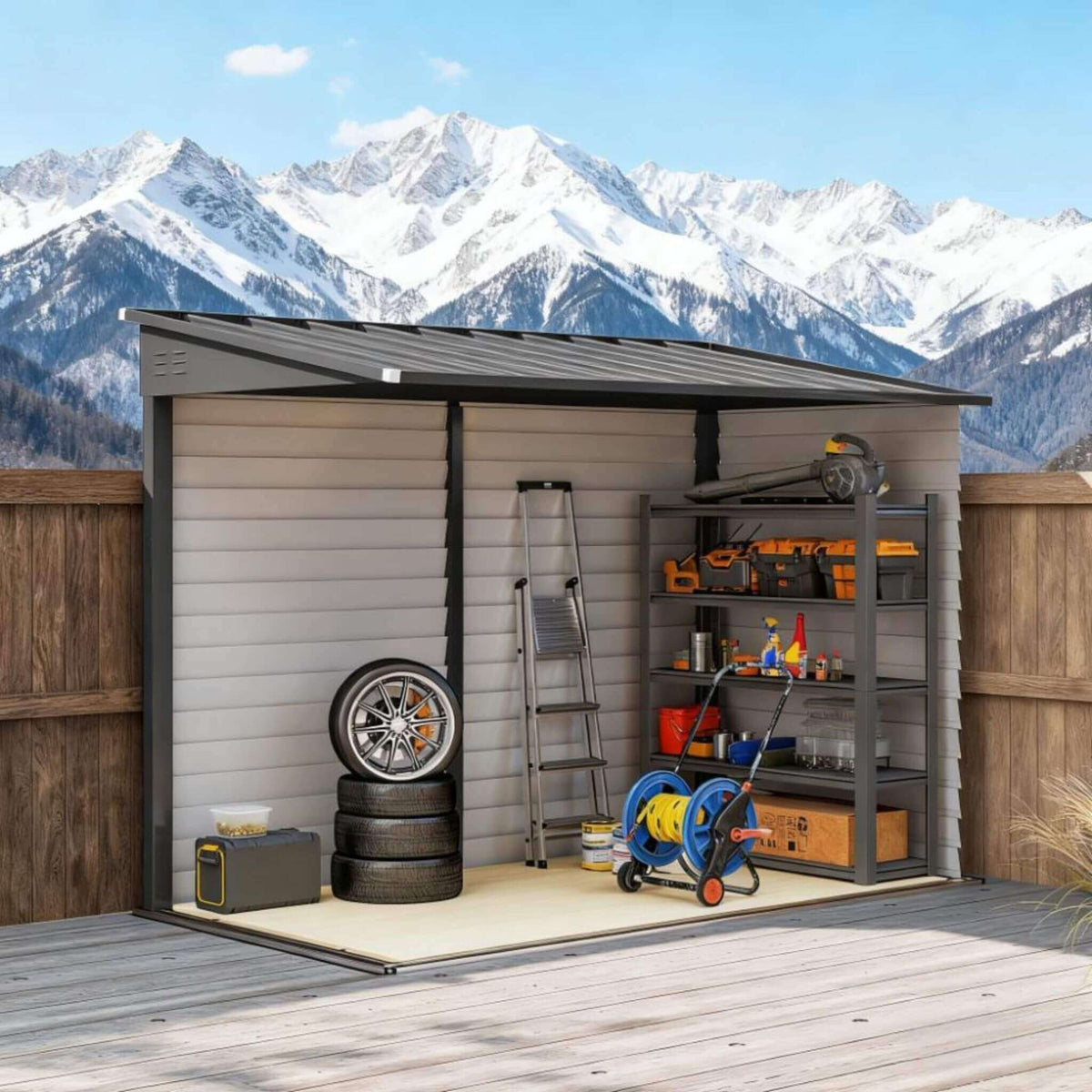 [05X09FT] Heavy-Duty Outdoor Galvanized Steel Storage Shed With Lockable Doors (SAK80637)