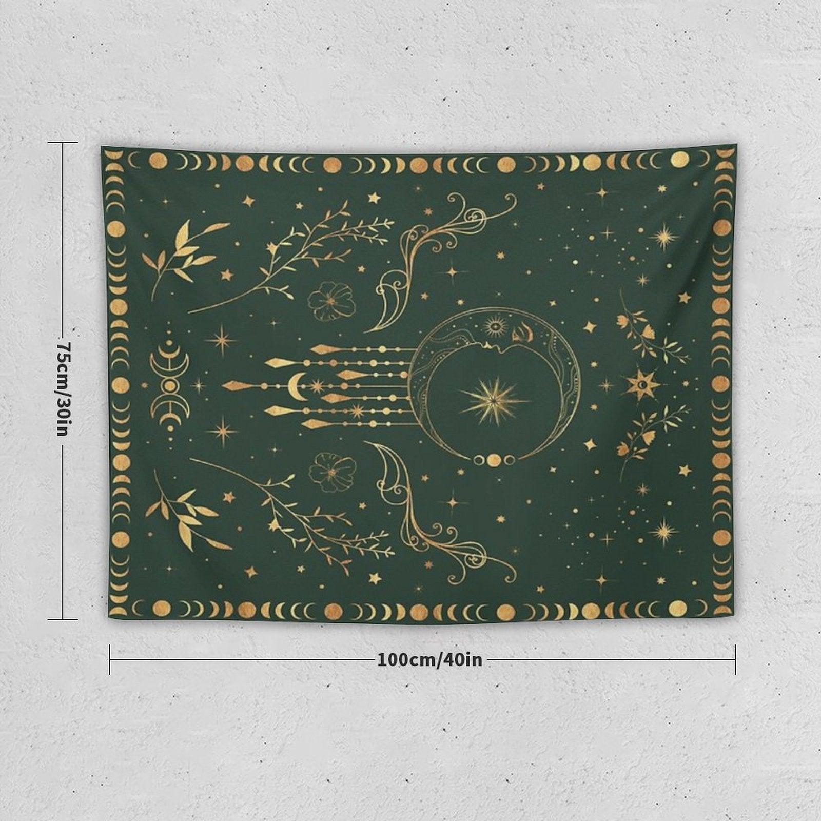 Sage Green And Gold Celestial Crescent Moon with Floral Accents And Moon Phase Tie Dye Tapestry