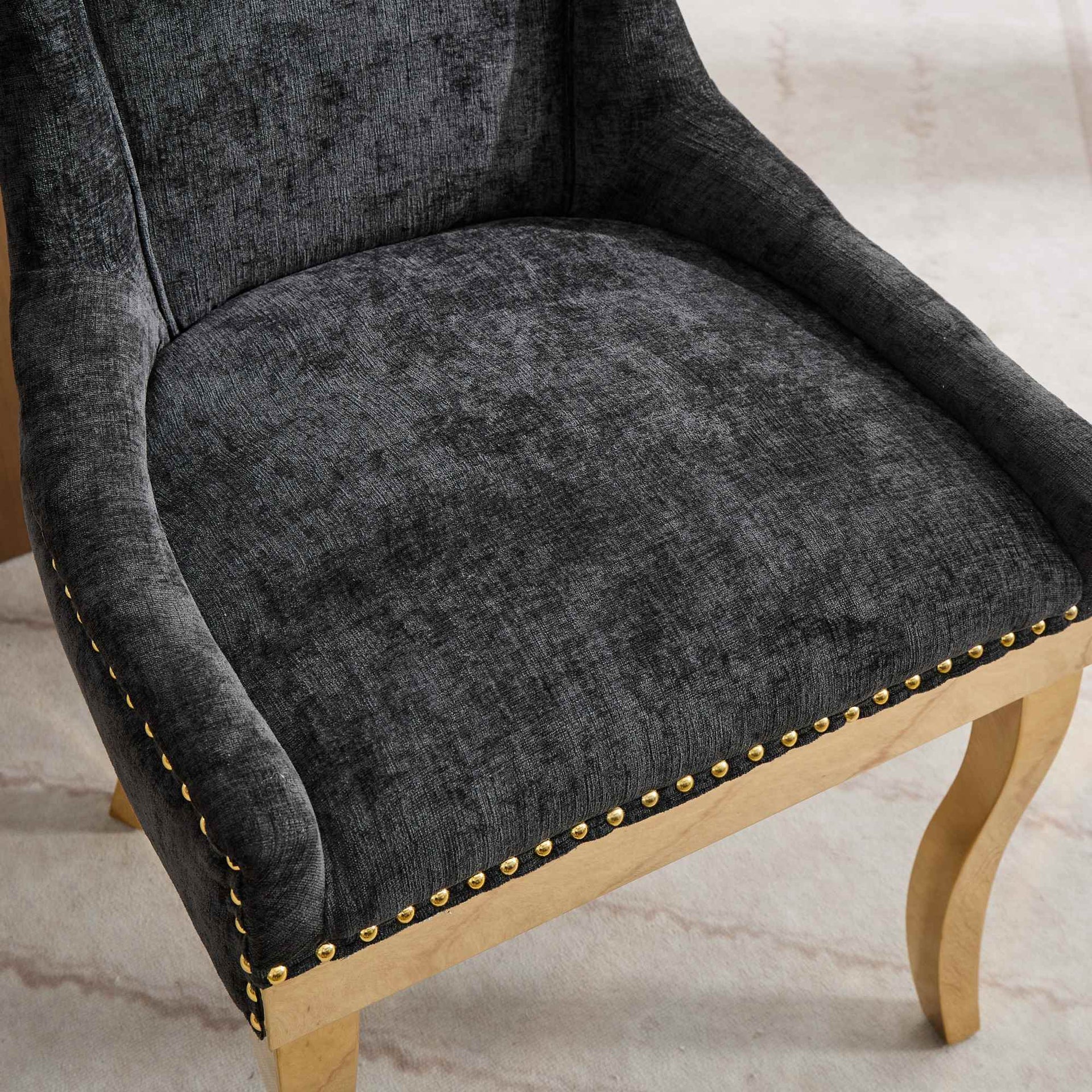 Chenille Dining Chairs Modern Style with Curved Gold-Plated Legs & Rivet Trim