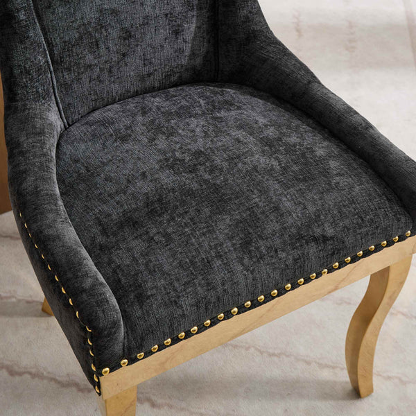 Chenille Dining Chairs Modern Style with Curved Gold-Plated Legs & Rivet Trim