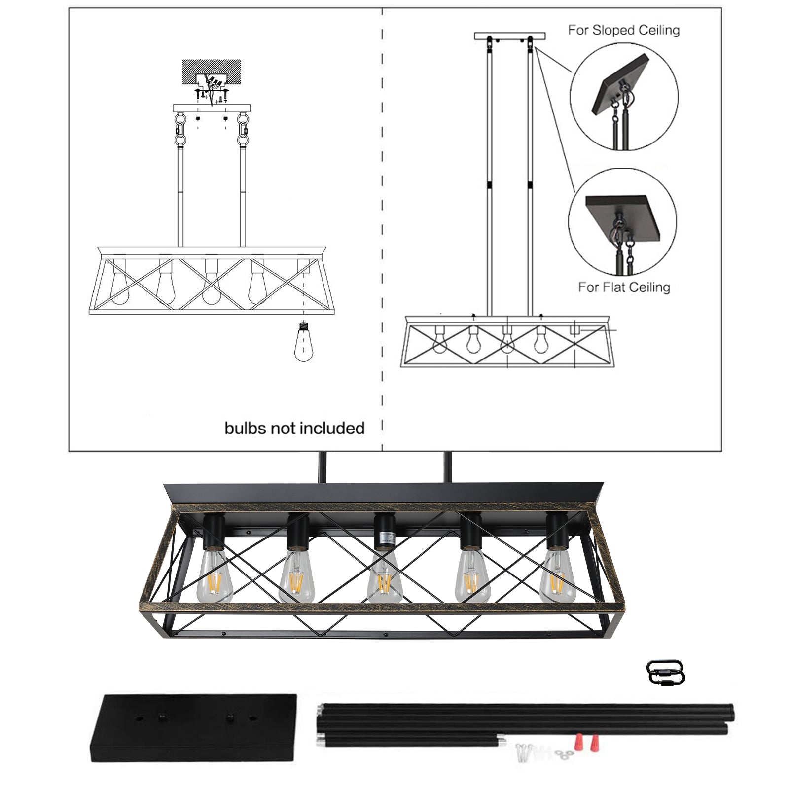 5-Light Farmhouse Chandeliers for Dining Room Metal Rustic Pendant Island Light  Modern Rectangular Island Lights (No Bulbs)