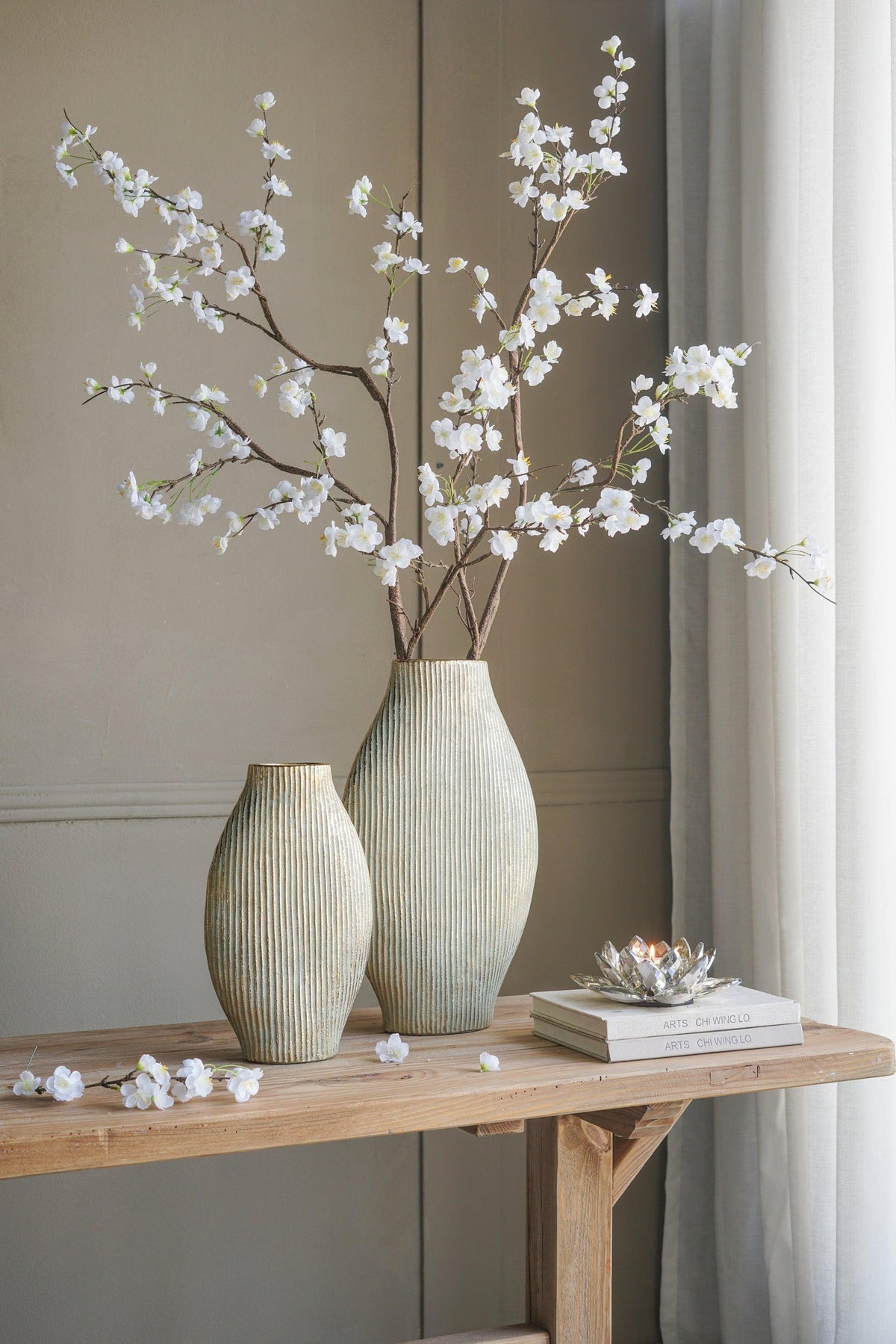 Gold Ribbed Ceramic Floor Vase
