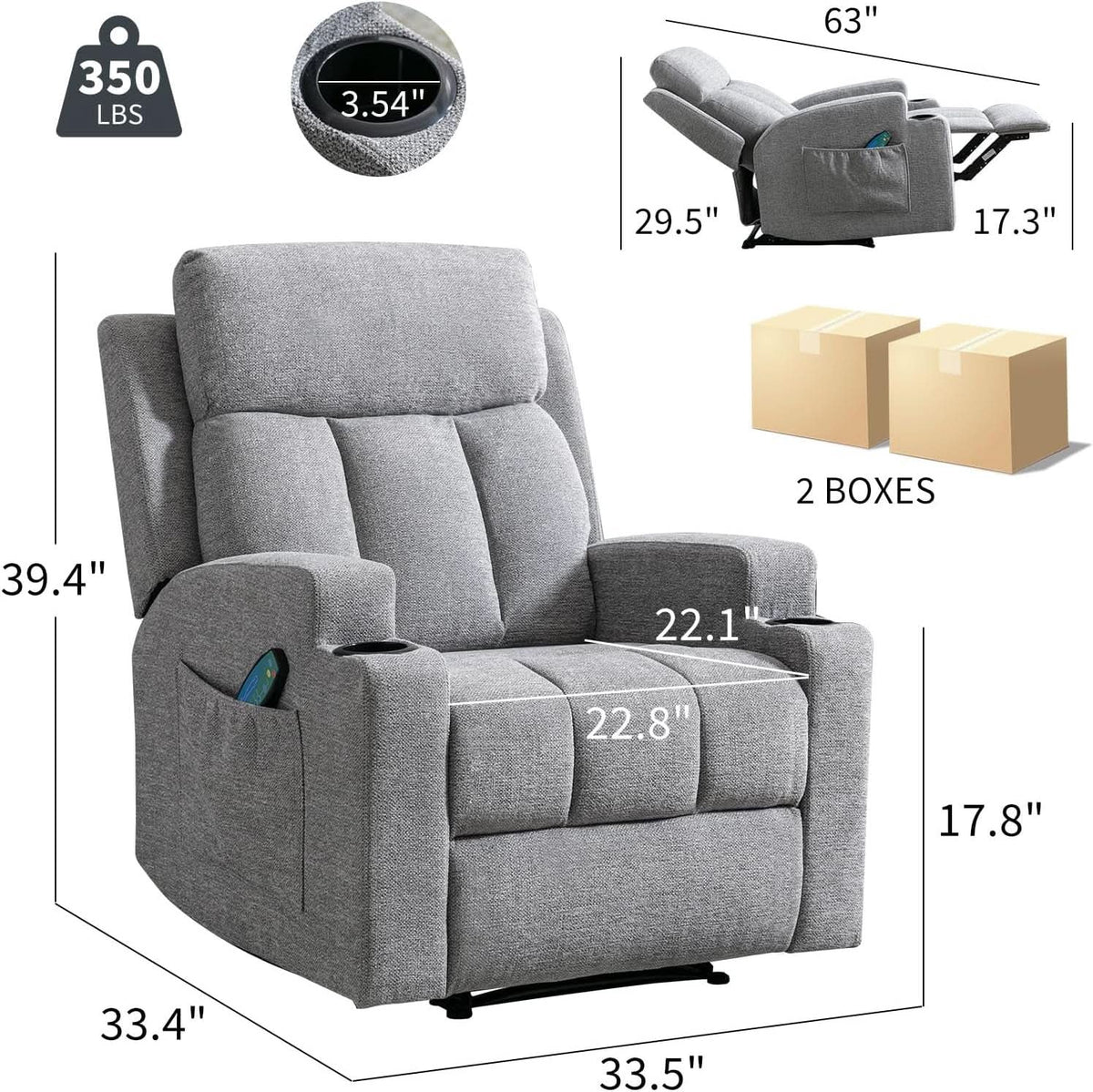 Light Grey Upholstered Manual Recliner With Massage