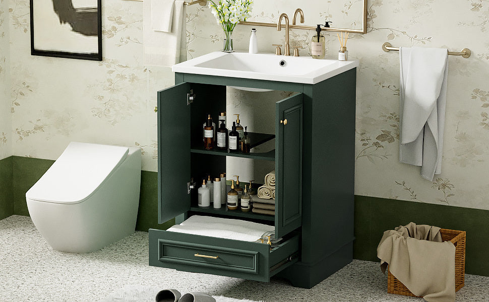 Bathroom Vanity with Ceramic Sink and Modern Freestanding Storage Cabinet, Soft-Close Doors