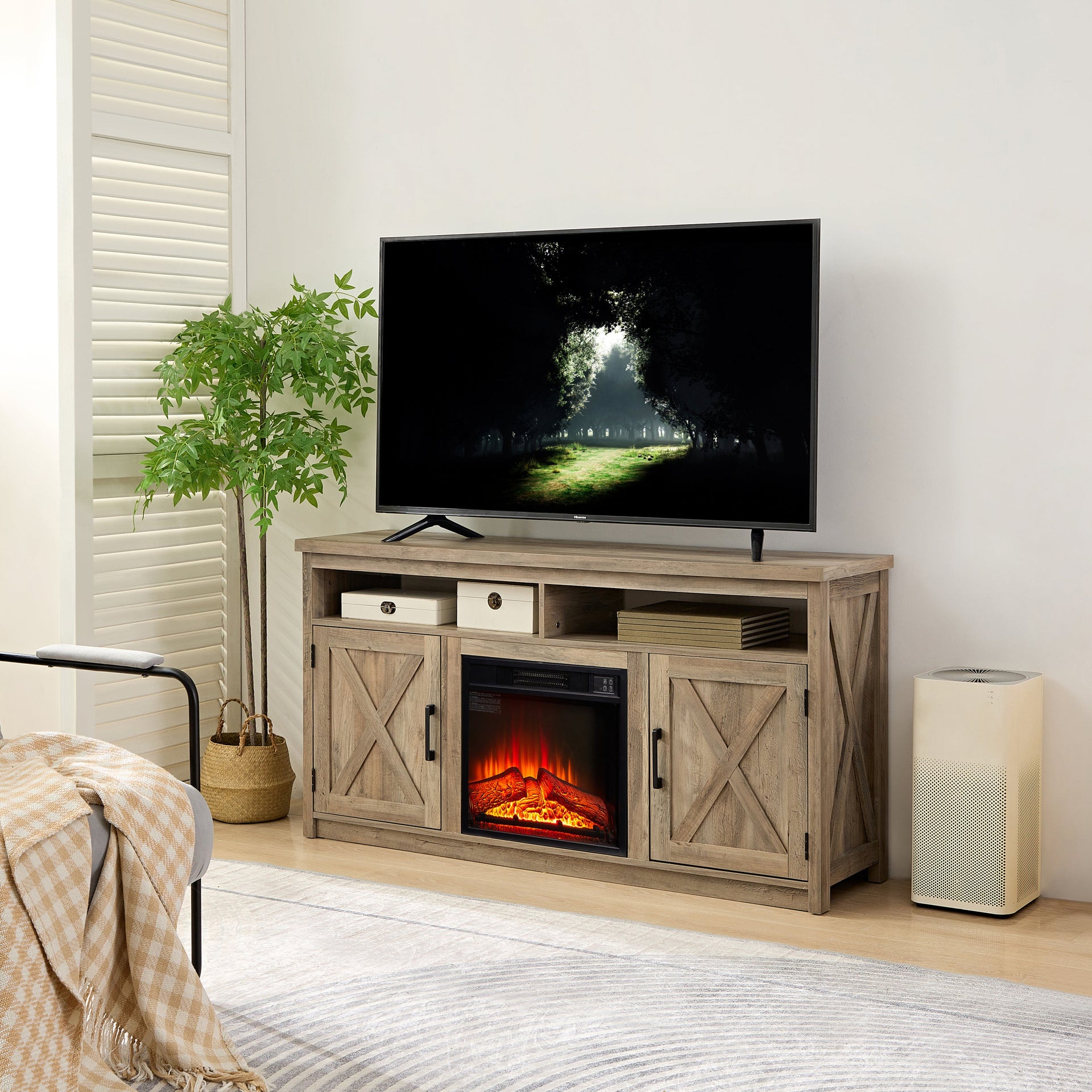 Farmhouse TV Media Stand, Large Barn Inspired Home Entertainment Console, with 18' Fireplace