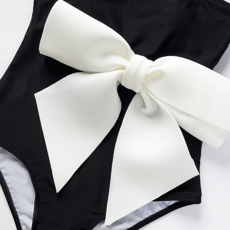 One piece swimsuit bow decoration sweet girl black and white contrasting swimsuit female