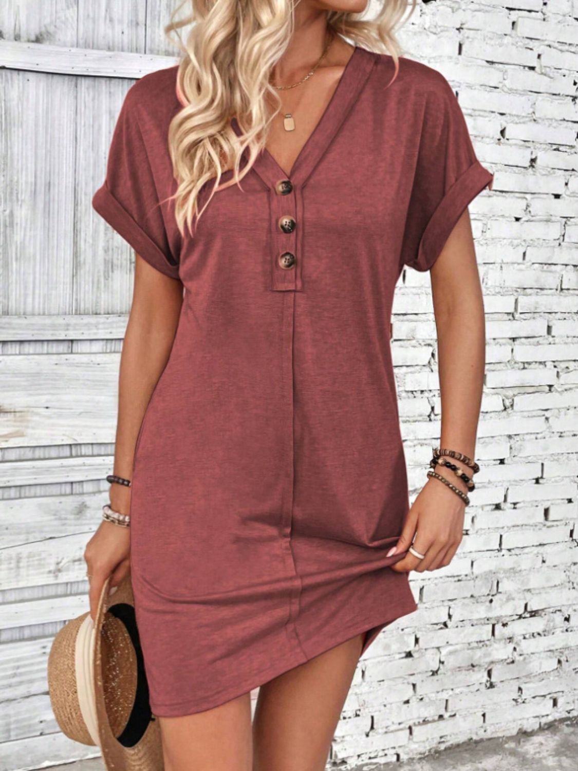 Elegant Button V-Neck Short Sleeve Dress Flattering Casual & Office Wear Simple Dress