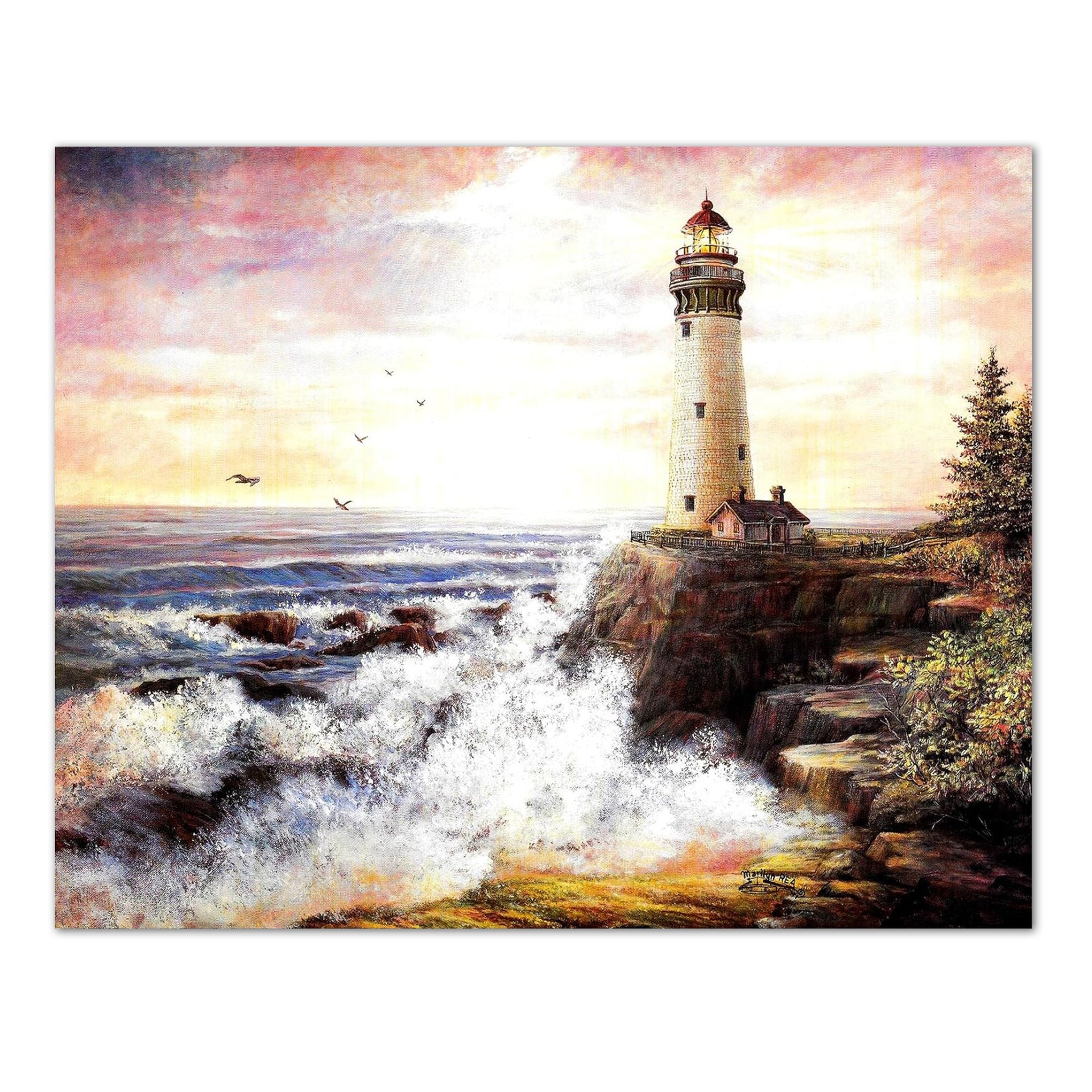 Lighthouse Wall Art – 8x10 Coastal Art Decor | Vivid Lithograph Print On Cliff