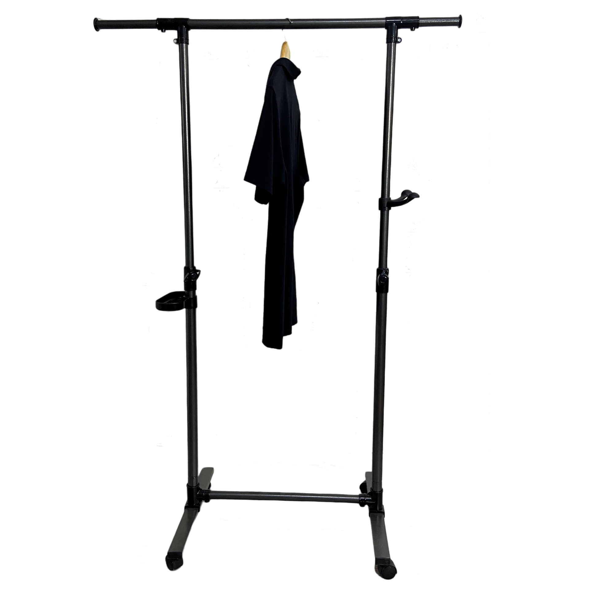 Short clothes hanger with chassis and wheels, heavy-duty rolling clothes hanger, black