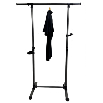 Short clothes hanger with chassis and wheels, heavy-duty rolling clothes hanger, black