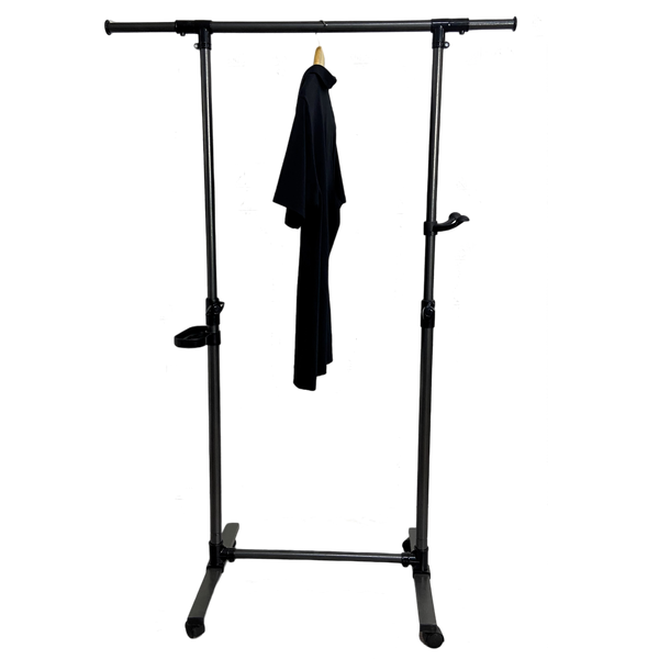 Short clothes hanger with chassis and wheels, heavy-duty rolling clothes hanger, black