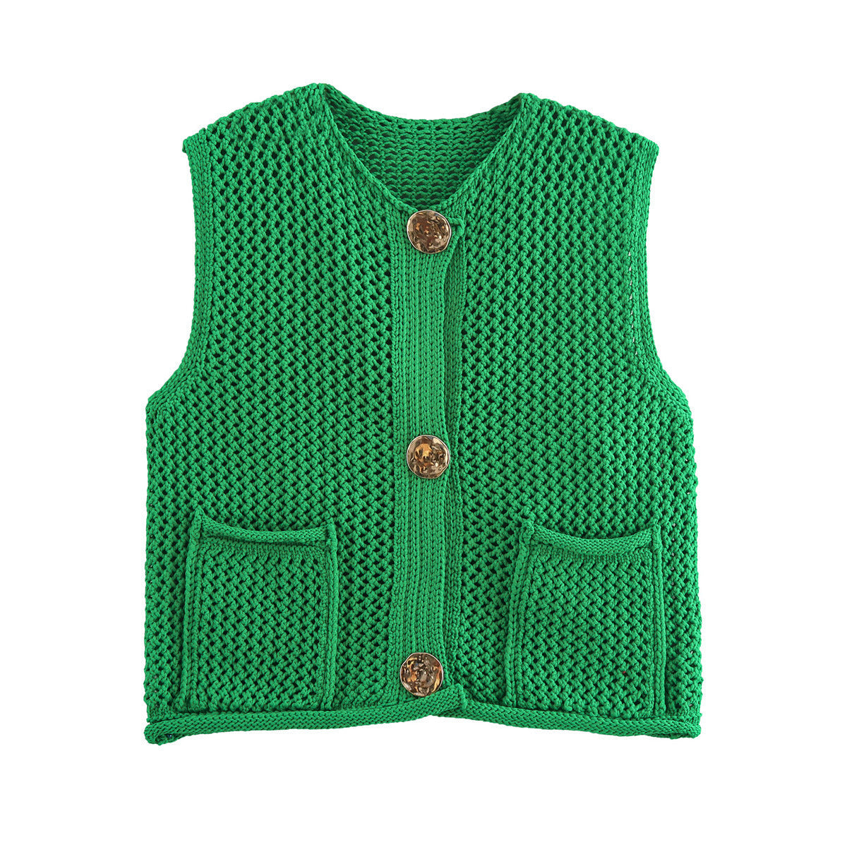 Street Fashion Crochet Hollow Vest Solid Color Versatile Round Neck Jacket