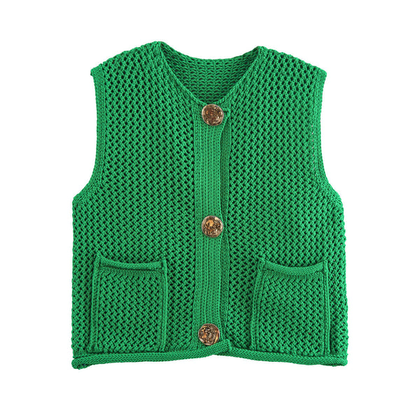 Street Fashion Crochet Hollow Vest Solid Color Versatile Round Neck Jacket