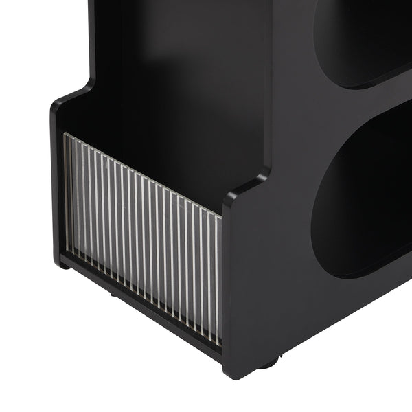 Stylish mobile desk with lockable wheels,bedside table with 5mm thick grooved tempered glass and gold round bars ，black