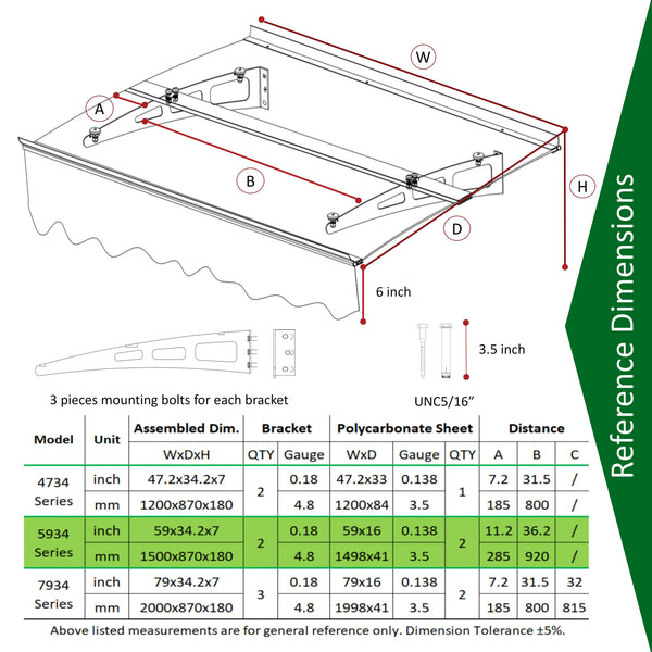 DA5934W Series Door Window Awning Canopy Made of 0.137 Inch Thick Crystal Solid Polycarbonate Sheet in size of 59