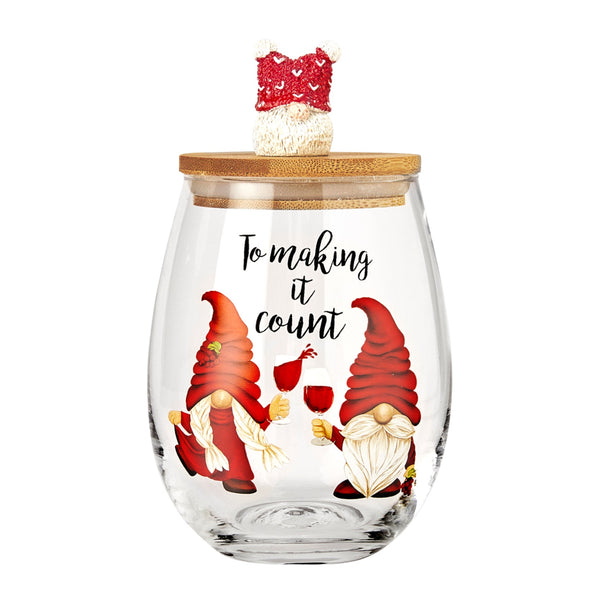 Christmas Gnome Wine & Water Glasses With Dwarf Wood Cover - Set of 2-17.5oz - Santa Holiday Festive Gnomes Stemless Clear Wine Glass For Red Or White Wine - Wines Glass for Women Friends Men Sister