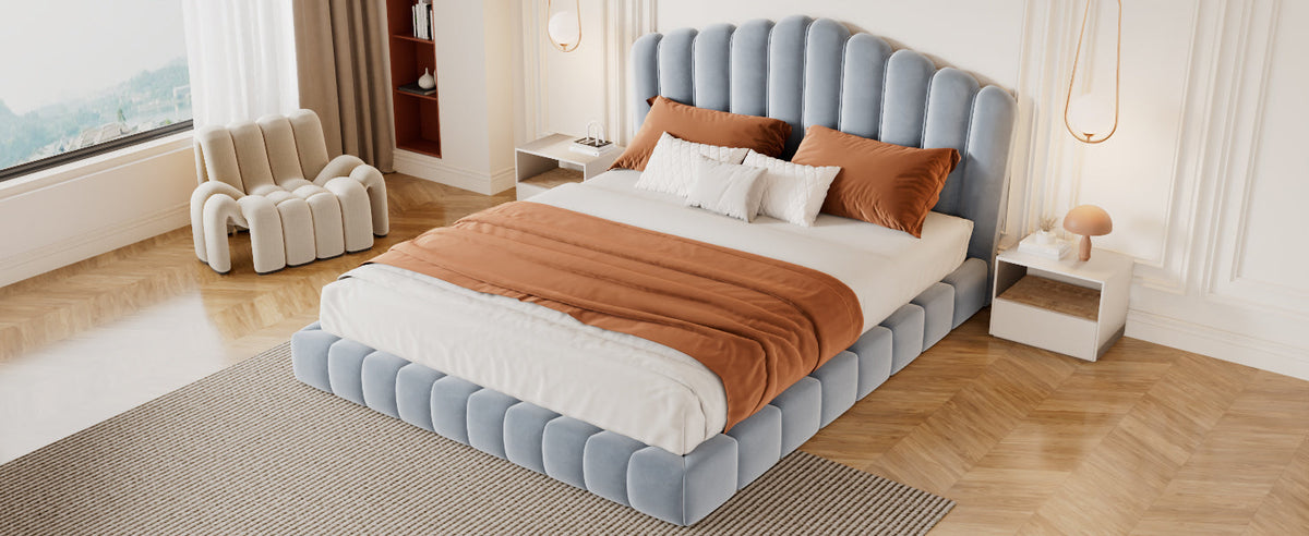 Velvet Upholstered Queen Bed Frame with Shell-Shaped Headboard