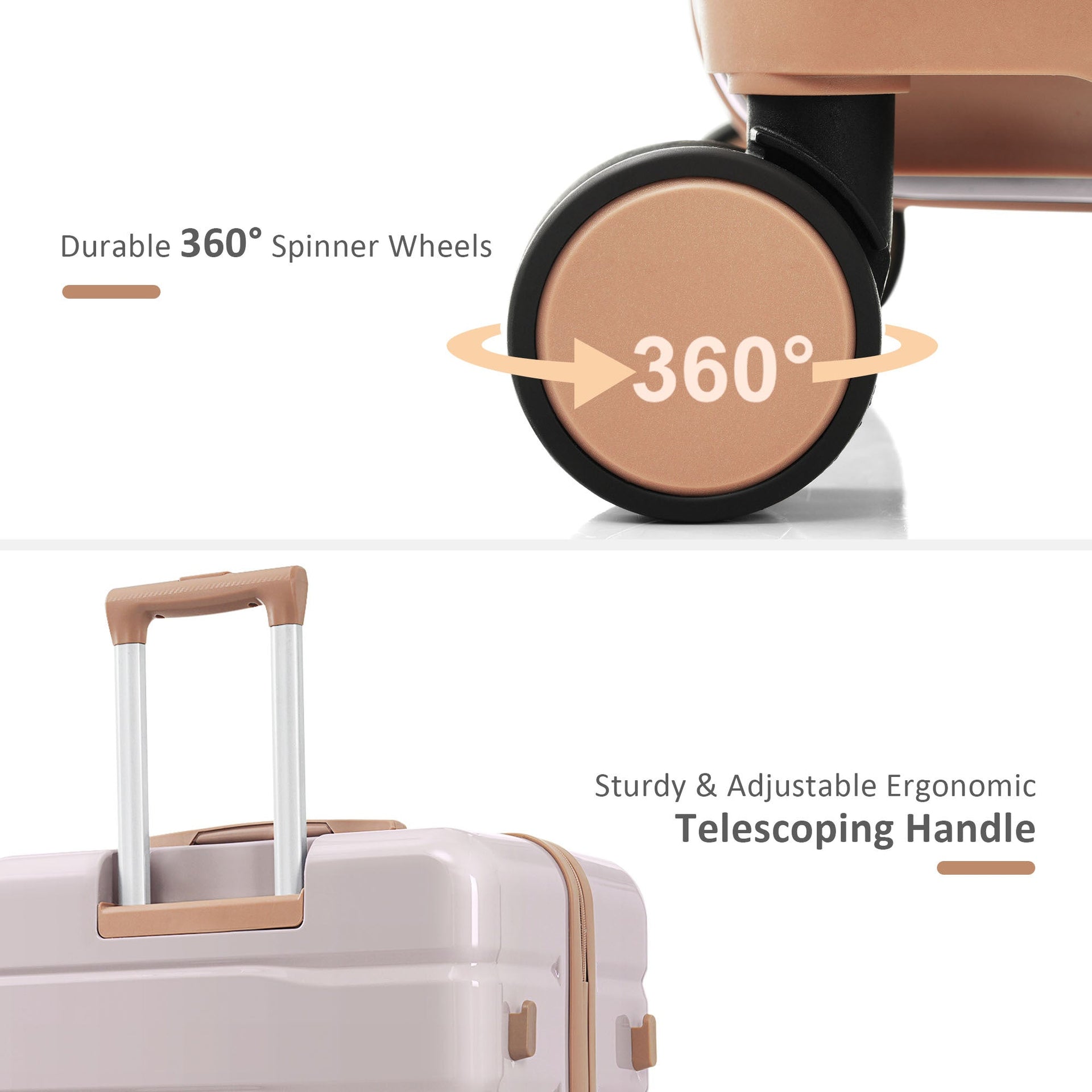 Premium ABS Travel Luggage Set , 3-Piece TSA Lock Suitcase Ensemble with 20, 24, and 28 Inch Sizes with 360° Spinner Wheels, light grey and golden