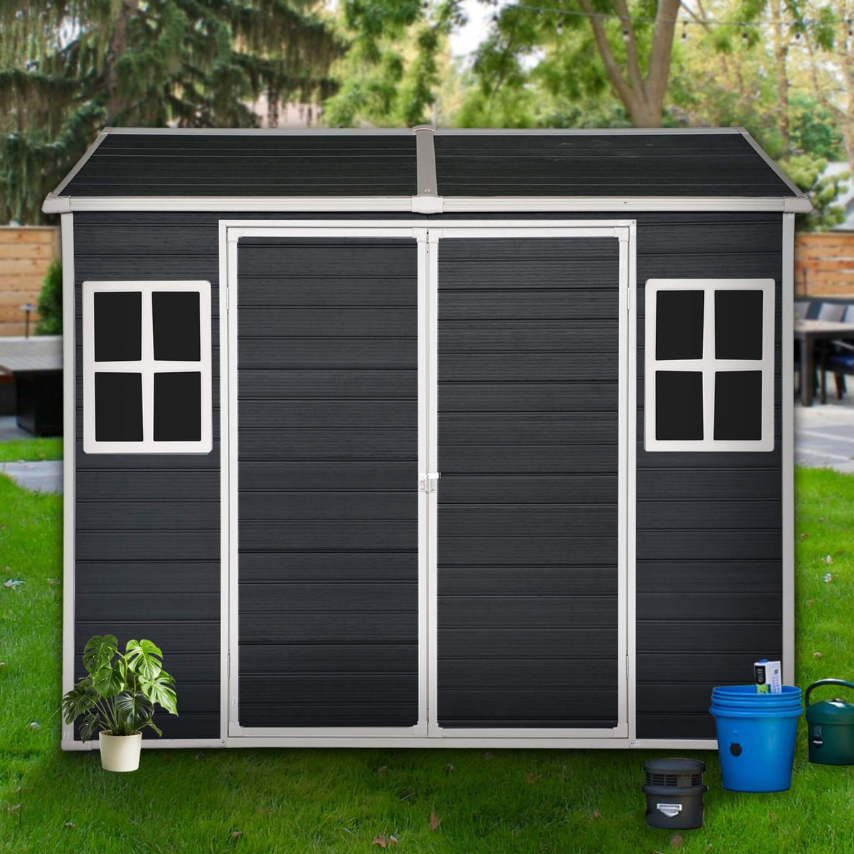 [06X08FT] Outdoor Resin Patio Garden Shed With Floor, 2 Windows, And Lockable Doors (SAK54953)