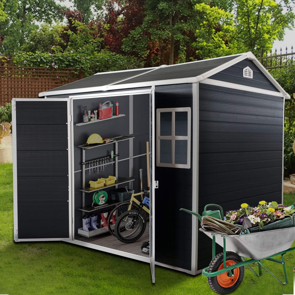 [06X08FT] Outdoor Resin Patio Garden Shed With Floor, 2 Windows, And Lockable Doors (SAK54953)