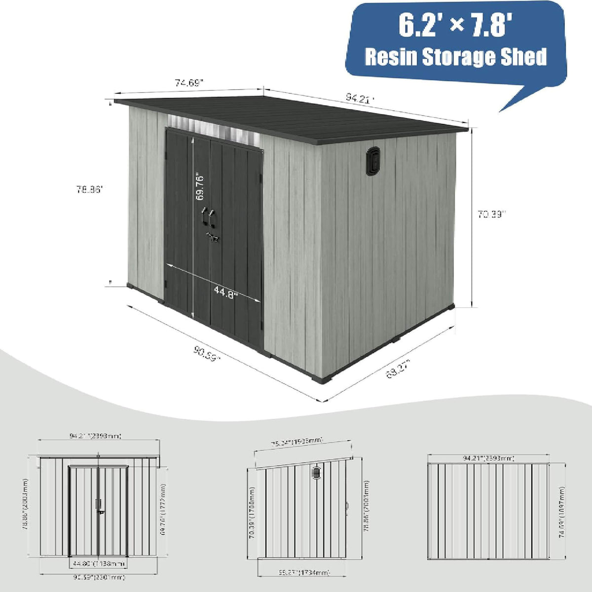 [06X08FT] Outdoor Resin Storage Shed With Lockable Double Doors And Sloping Roof (SAK73286)