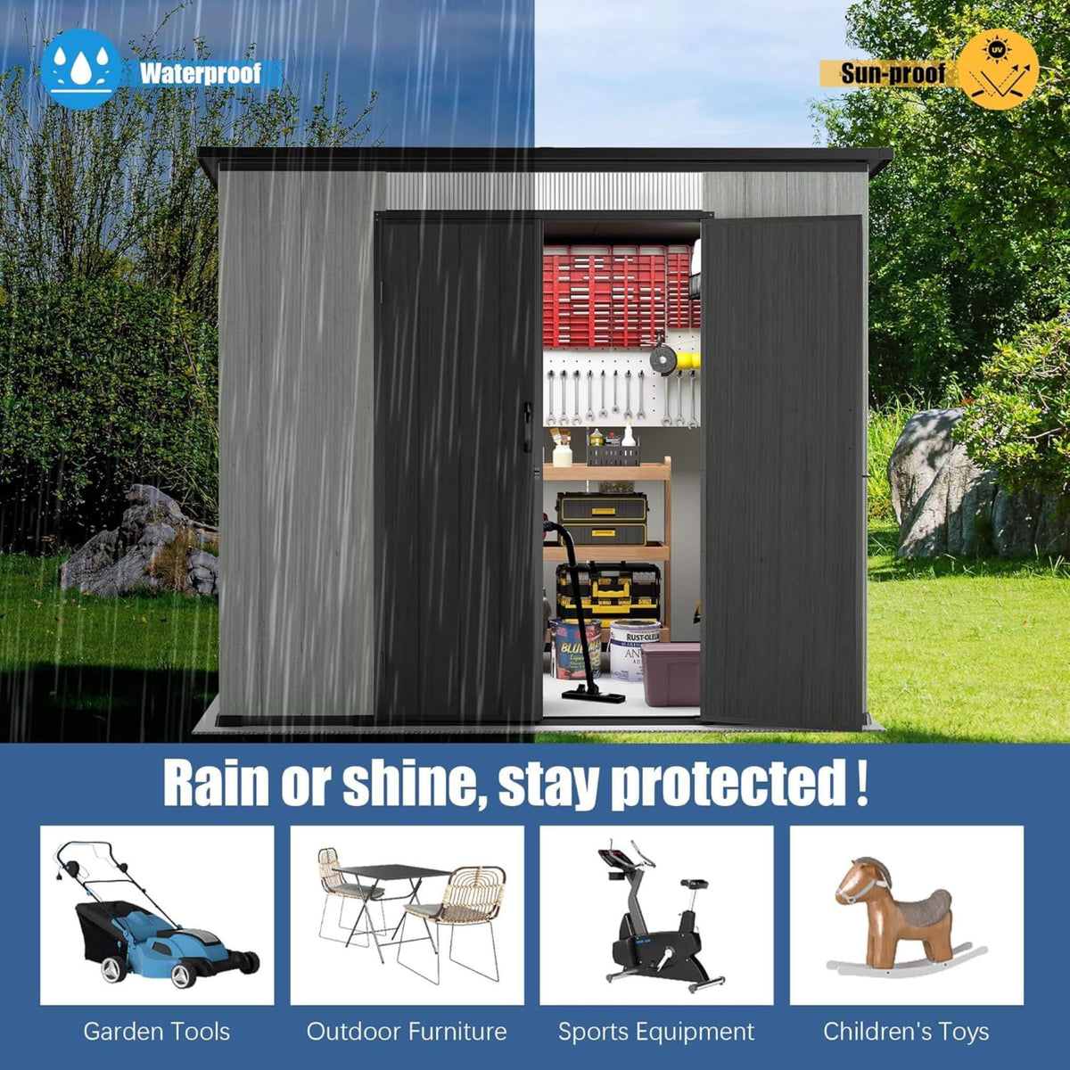 [06X08FT] Outdoor Resin Storage Shed With Lockable Double Doors And Sloping Roof (SAK73286)