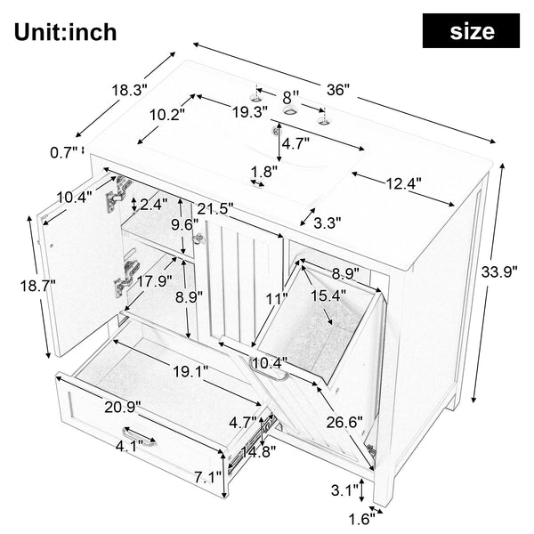 36 inch bathroom vanity with sink, one double door cabinet one large drawer and one flip drawer solid wood and MDF board, green