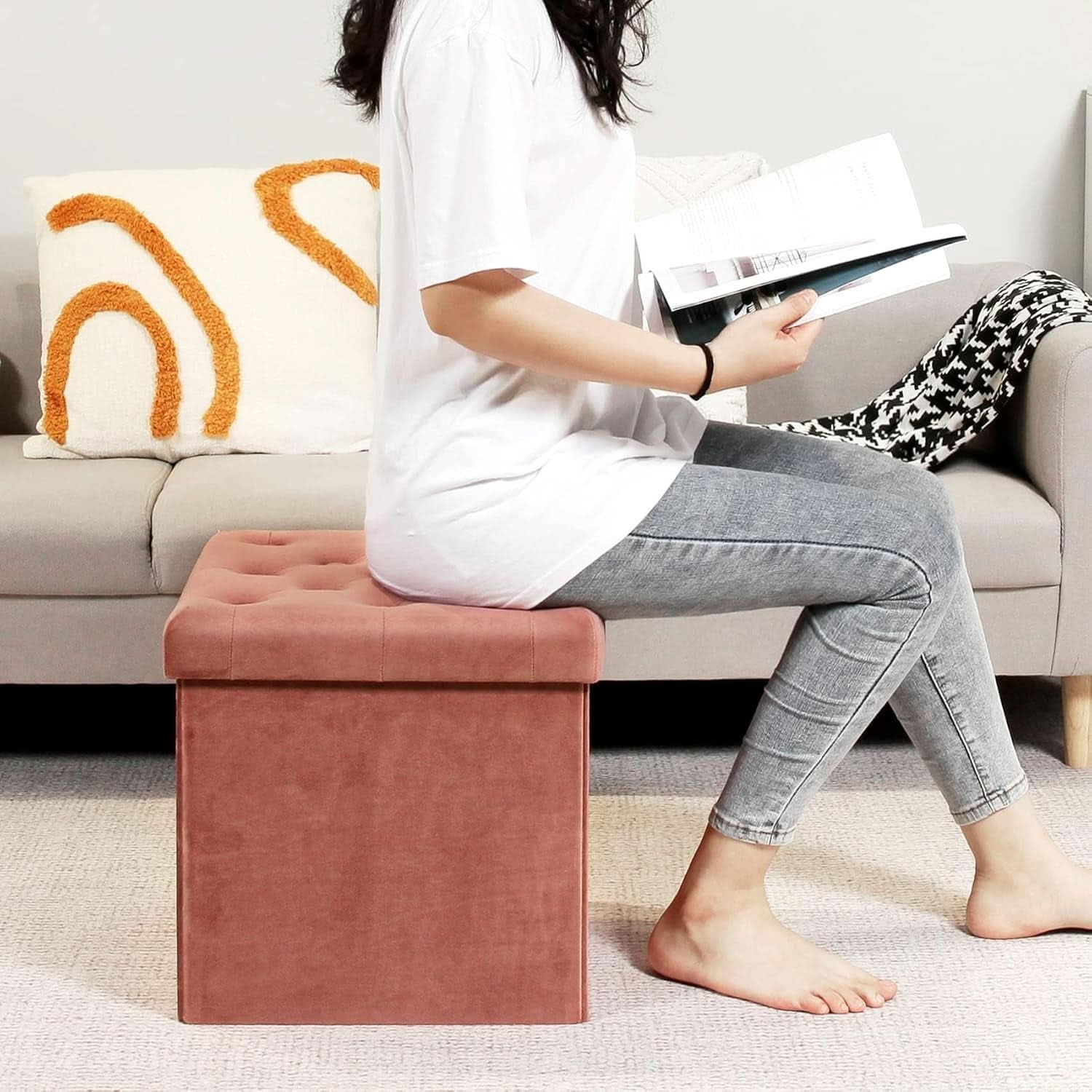 Warm Red Velvet Tufted Upholstered Storage Ottoman