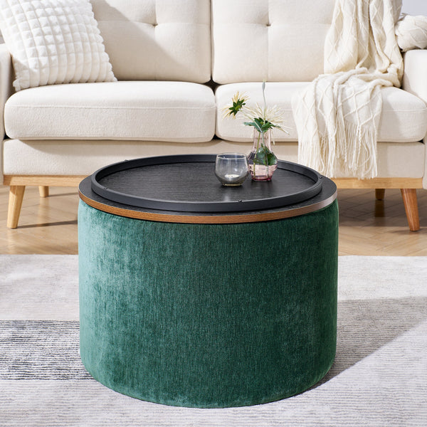 2-Piece Round Chenille Storage Ottoman Set with Drum Stool and MDF Desktop Panel