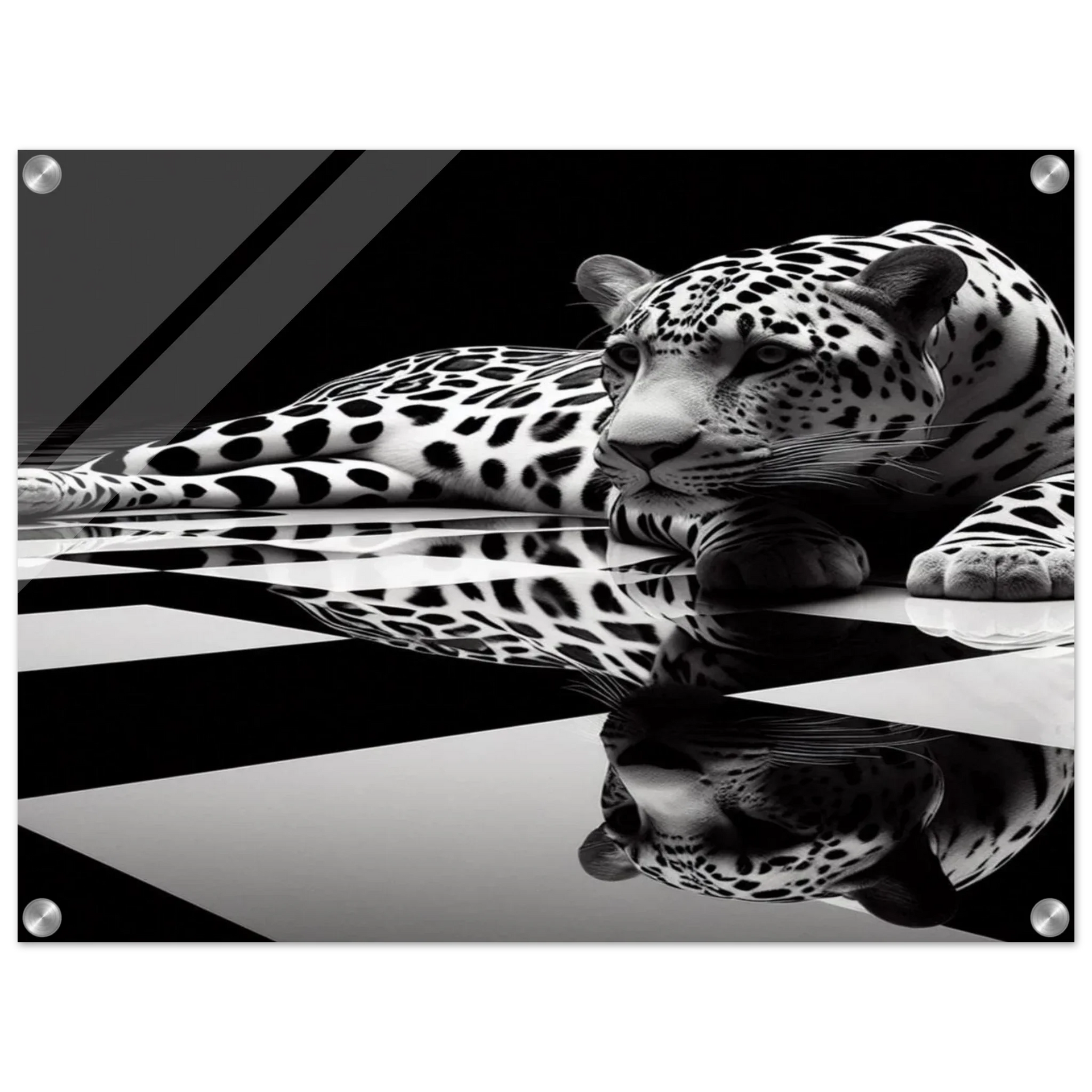 Leopard Acrylic Print on Black and White Checkered Floor – Glossy Finish Wall Art