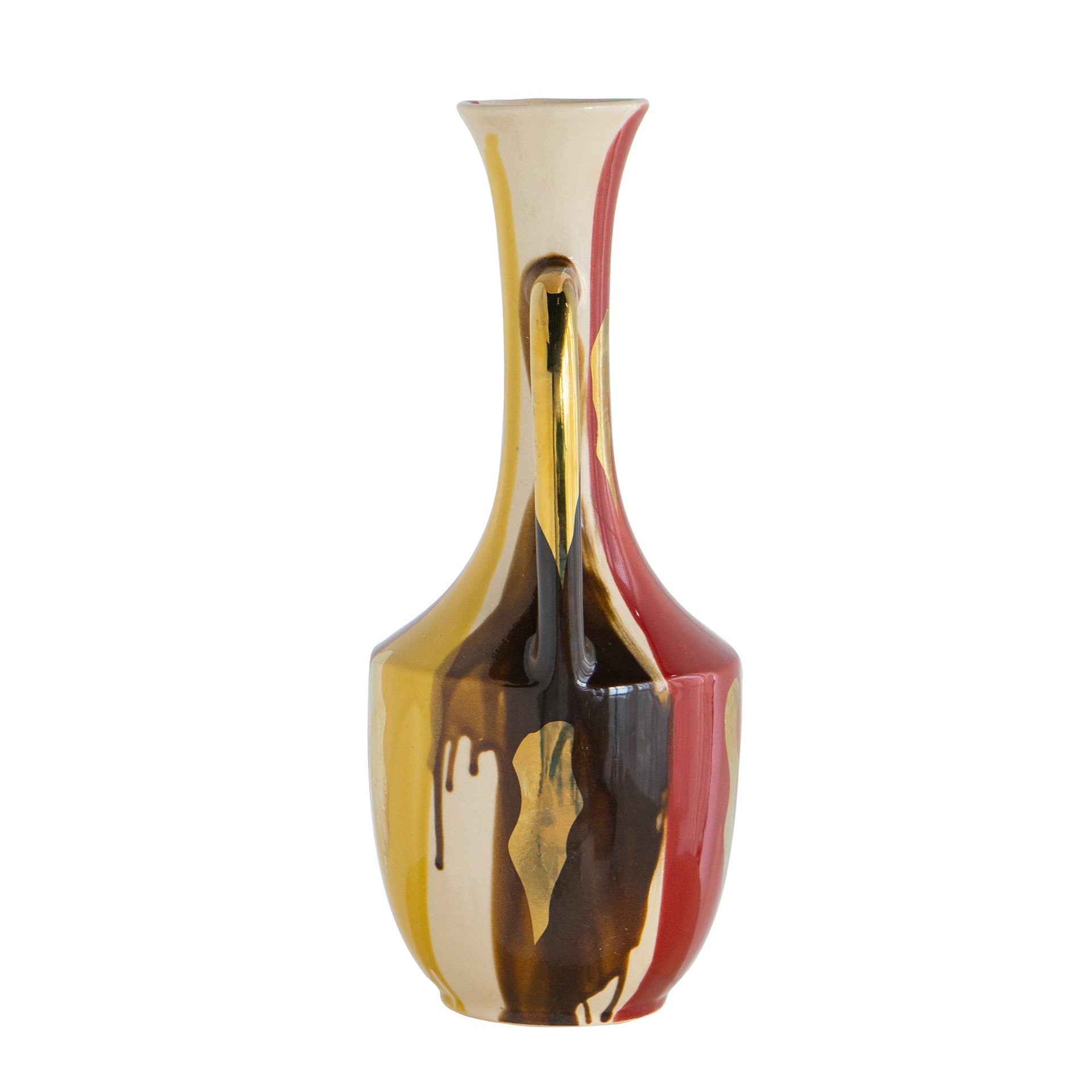 6.8x6.8x16.9' Curved Ceramic Vase with Handles and Abstract Multicolored Finish