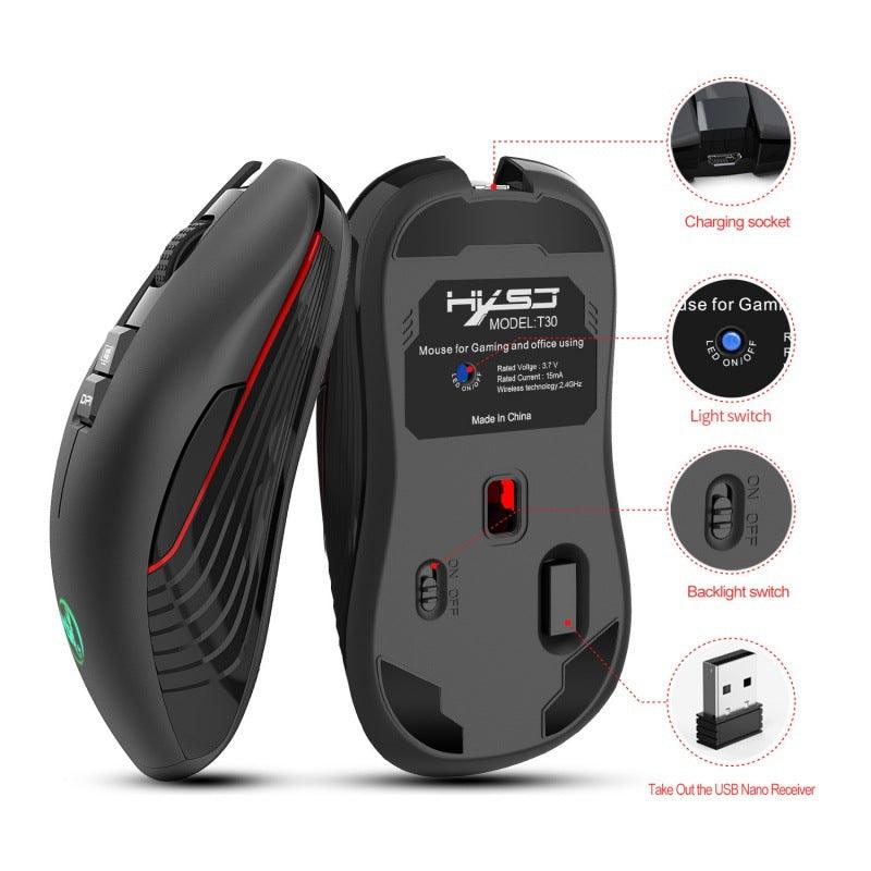 New Rechargeable Wireless Mouse 3600dpi Adjustable Colorful Luminous Gaming Mouse 7D Can Turn Off Lights