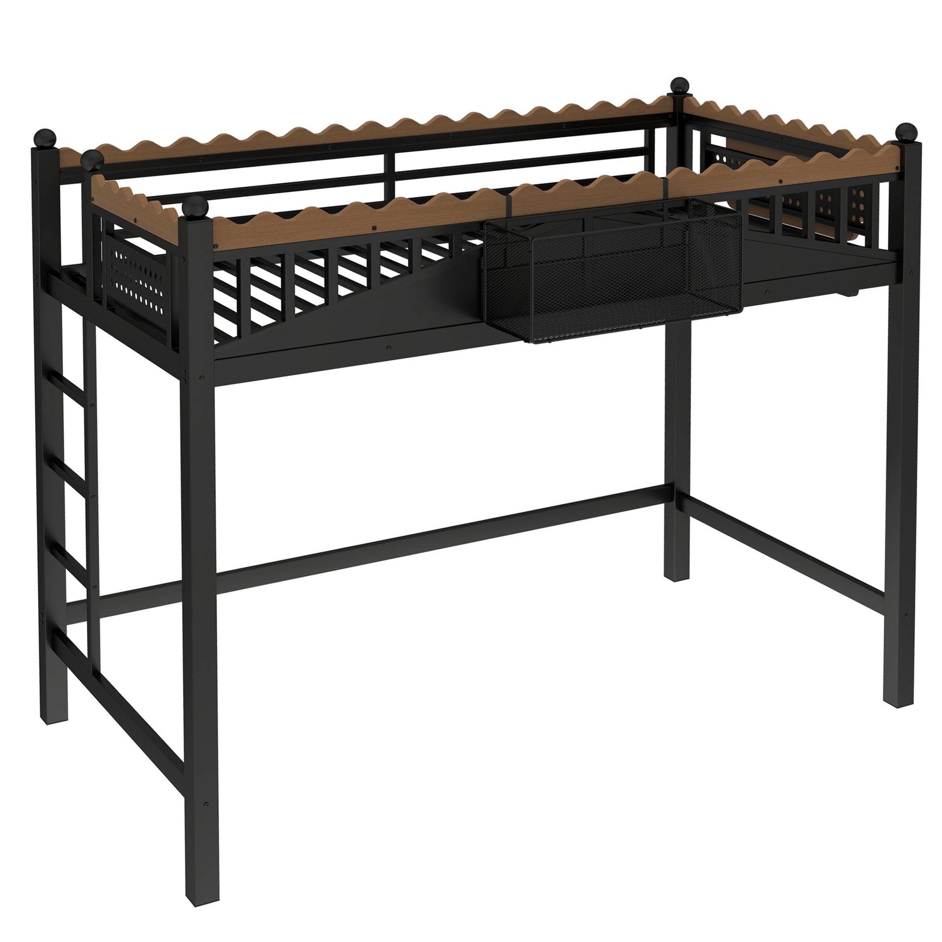 Twin XL Size Loft Bed with Ladders, Storage Shelves, and Bookshelf