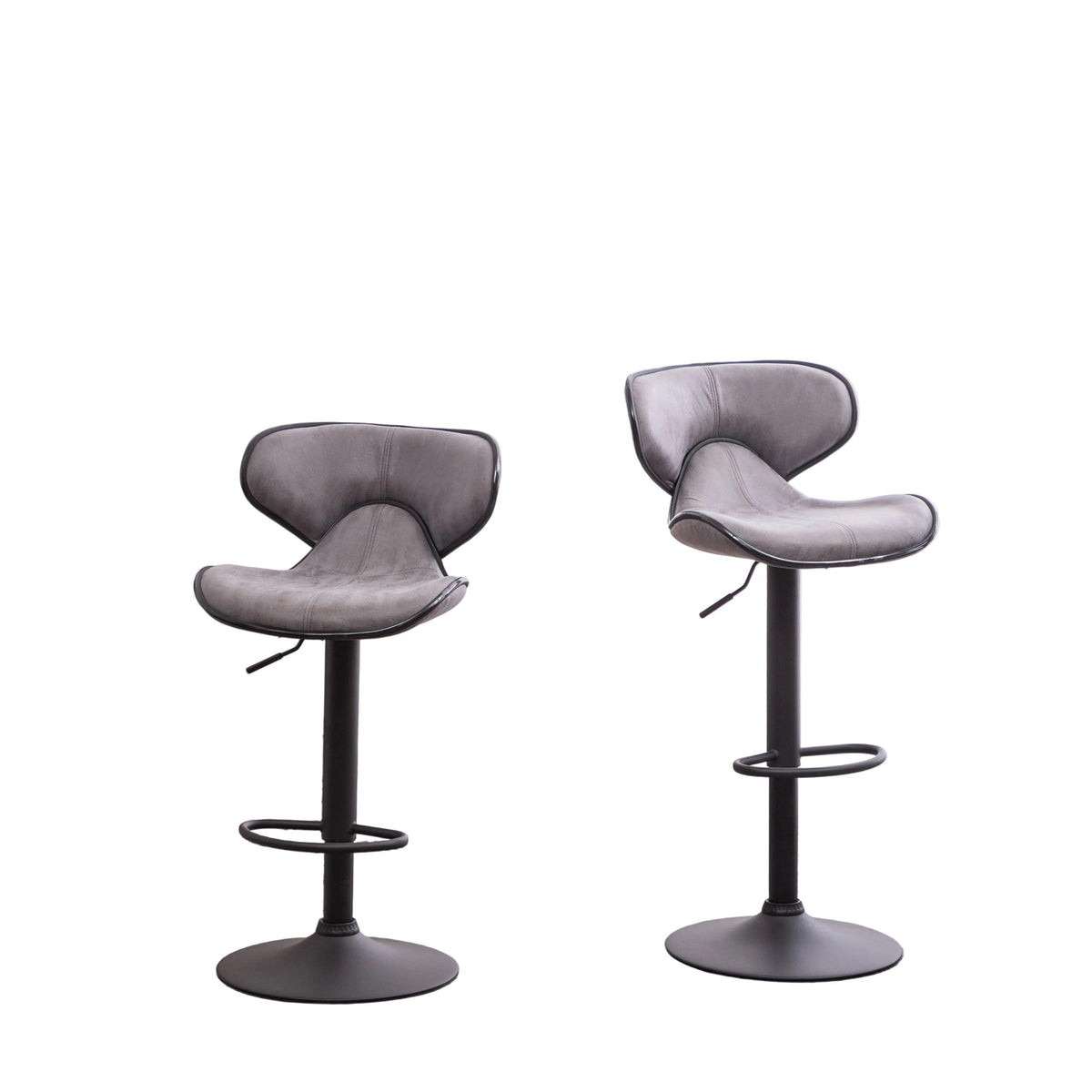 Gray Weathered Upholstered Adjustable Swivel Bar Stools with Chrome Base & Footrest – Set of 2