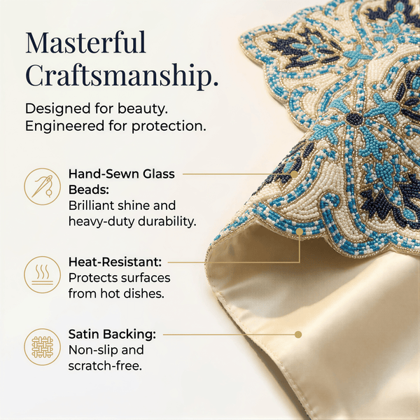 Beaded Table Runner – Blue White, 36x13 Inch