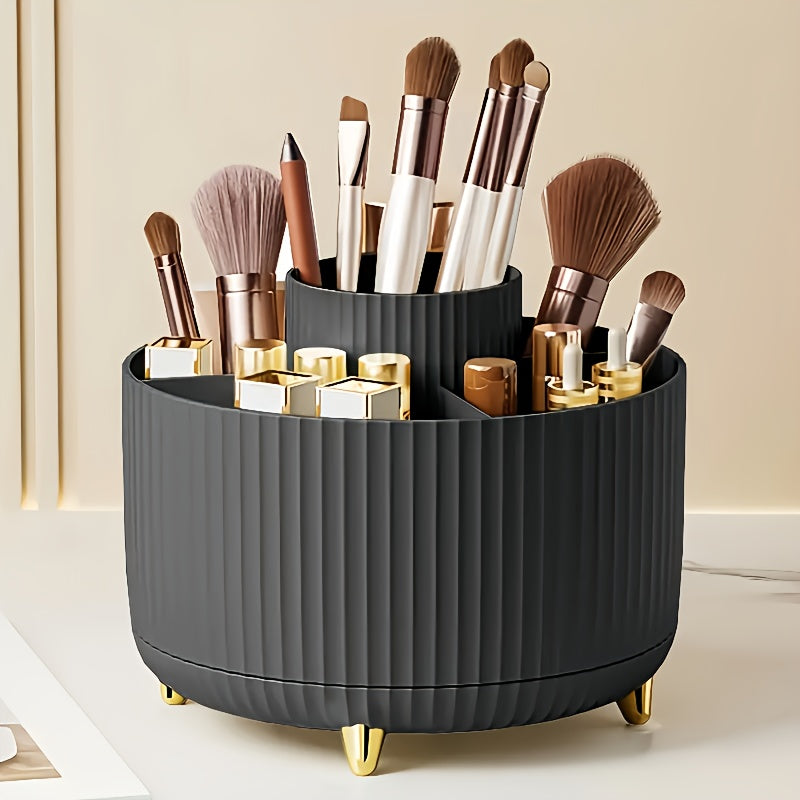360° Rotating Makeup Organizer - 1pc Plastic Cosmetic Storage with 5 Compartments - Multi-Functional Holder for Brushes, Lipsticks, Skin Care Products, and Stationery - Durable Unscented Desk Caddy with Luxury Stripe Design DSers Fulfillment