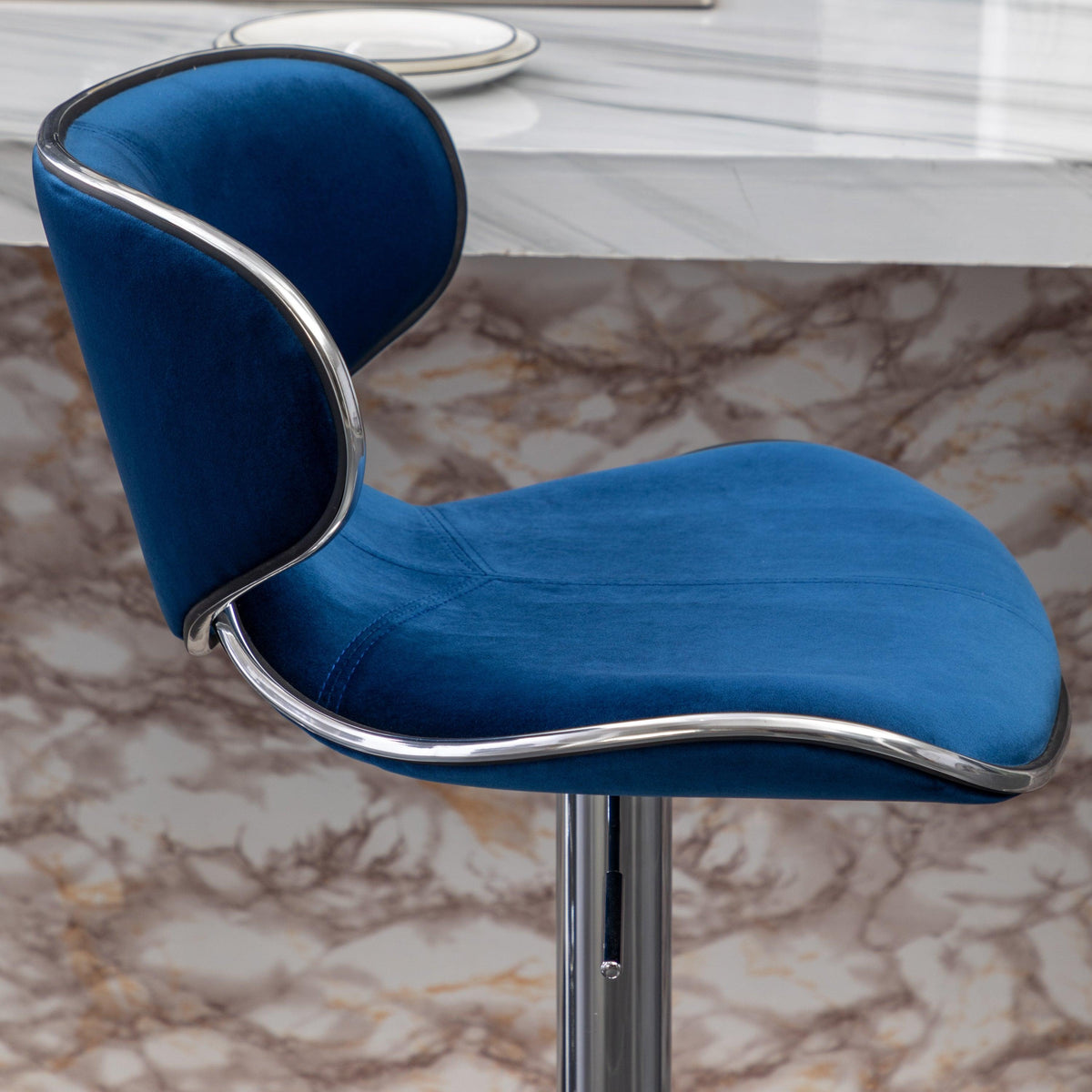 Blue Velvet Adjustable Swivel Bar Stools with Chrome Base & Footrest – Set of 2